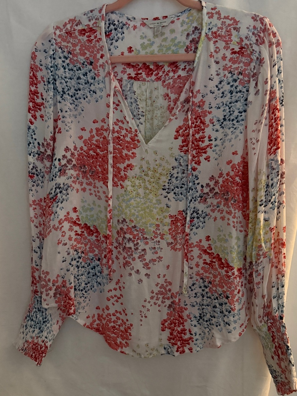 Lucky Brand White Blouse with Coral, Blue & Yellow Floral Print